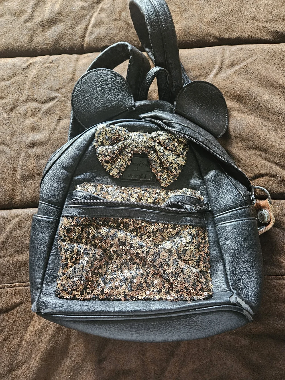 Disney Loungefly Black Mini Backpack with Gold Sequin Bow